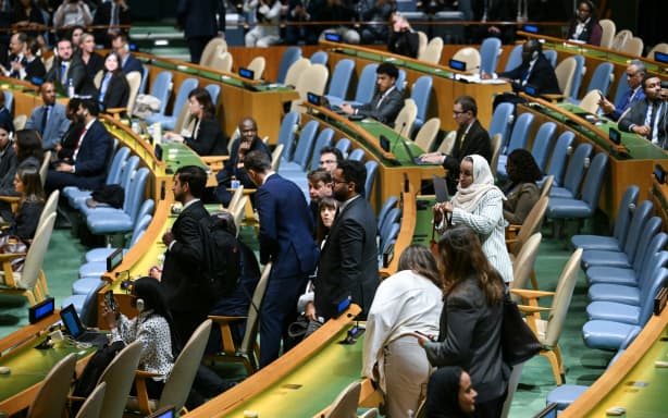 Some attendees leave their seats, including members of the Palestinian delegation, as Israel's Prime Minister Benjamin Netanyahu arrives to speak during the 81st United Nations General Assembly at the United Nations Headquarters in New York, on September 24, 2026. (Photo by ANGELA WEISS / AFP)