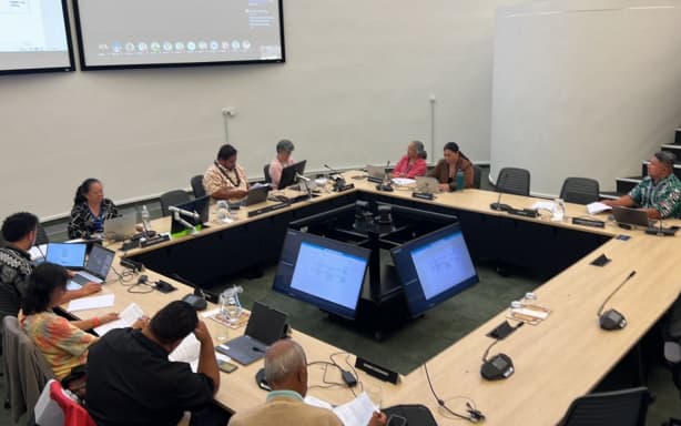 Ōtara-Papatoetoe Local Board members at an earlier monthly business meeting. John McCoskrie addressed the board during a public forum at Tuesday’s meeting.