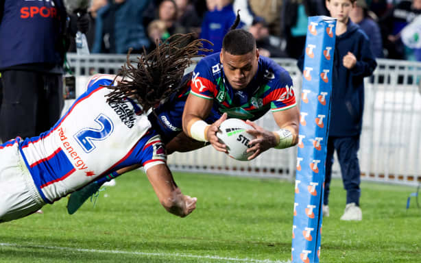 Warriors Leka Halasima scores a try in the corner - NZ Warriors v Newcastle Knights - Finals Week 2 - NRL Rugby League at Eden Park, Auckland, New Zealand. Sunday 20th September 2026. © Photo: Brett Phibbs / Photosport