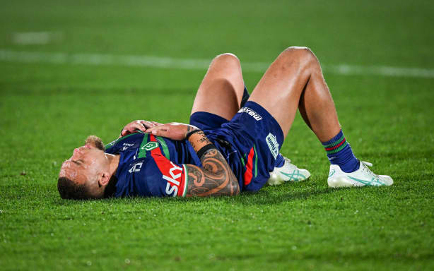 James Fisher-Harris (captain) of the Warriors lies dejected after loss to the Dolphins, NZ Warriors v Dolphins, Week 1 Finals match of the NRL Telstra Premiership at Go Media Stadium, Auckland, New Zealand on Saturday 12 September 2026.
© Photo: Andrew Cornaga / Photosport