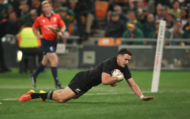All Blacks winger Will Jordan scores against the Springboks.