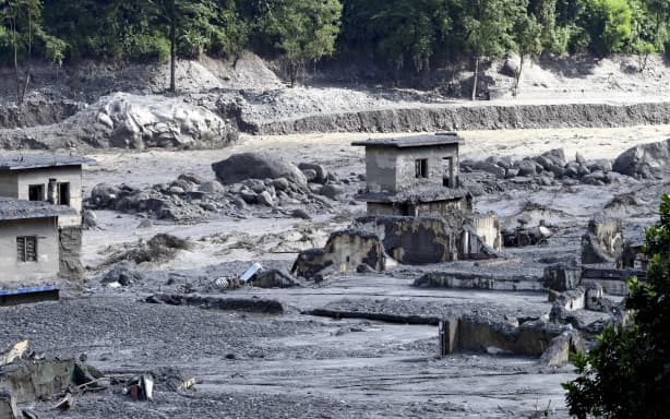 A disaster site hit by a massive debris flow along the Trishuli River is seen in Bidur, Nepal, on August 30, 2026. Catastrophic flash floods and debris flows triggered by a glacial collapse devastated communities across the Nepal-China border region. At least 804 people had been confirmed dead, and 3,048 were missing across Nepal and China's Tibet region as of August 30, according to authorities. ( The Yomiuri Shimbun ) (Photo by Tetsuya Mizuno / The Yomiuri Shimbun via AFP)