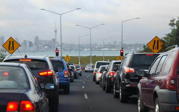 AUCKLAND - FEB 13 2017: Traffic jam in Auckland, New Zealand.Auckland has the longest morning peak-time in Australasia, from 5am - 10am.