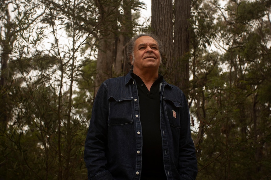 Mr Cruse with curly short grey hair wears a denim jacket as he looks into the distance with trees behind him.