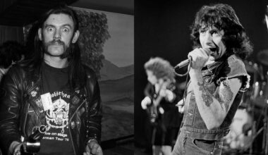 Lemmy looking wild-eyed holding a drink, and Bon Scott onstage (composite image)