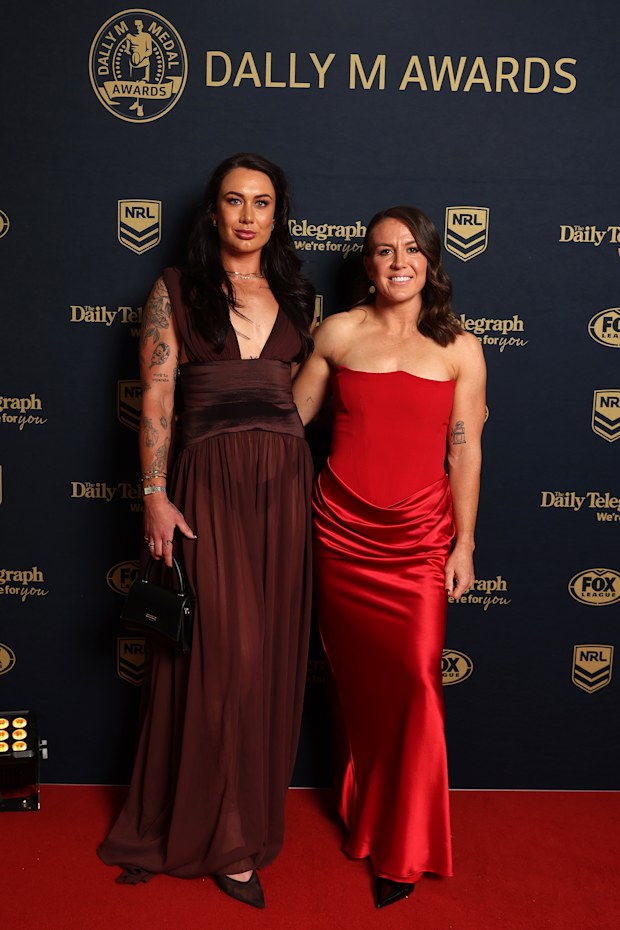 SYDNEY, AUSTRALIA - SEPTEMBER 30: Jessika Elliston and Georgia Hale of the Gold Coast Titans arrives ahead of the 2026 Dally M Awards at The Cutaway, Barangaroo on September 30, 2026 in Sydney, Australia. (Photo by Mark Metcalfe/Getty Images)