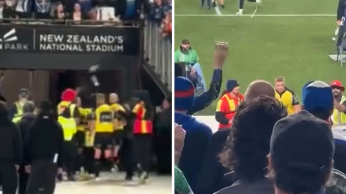 Warriors v Knights: Referees pelted with bottles as they leave the field