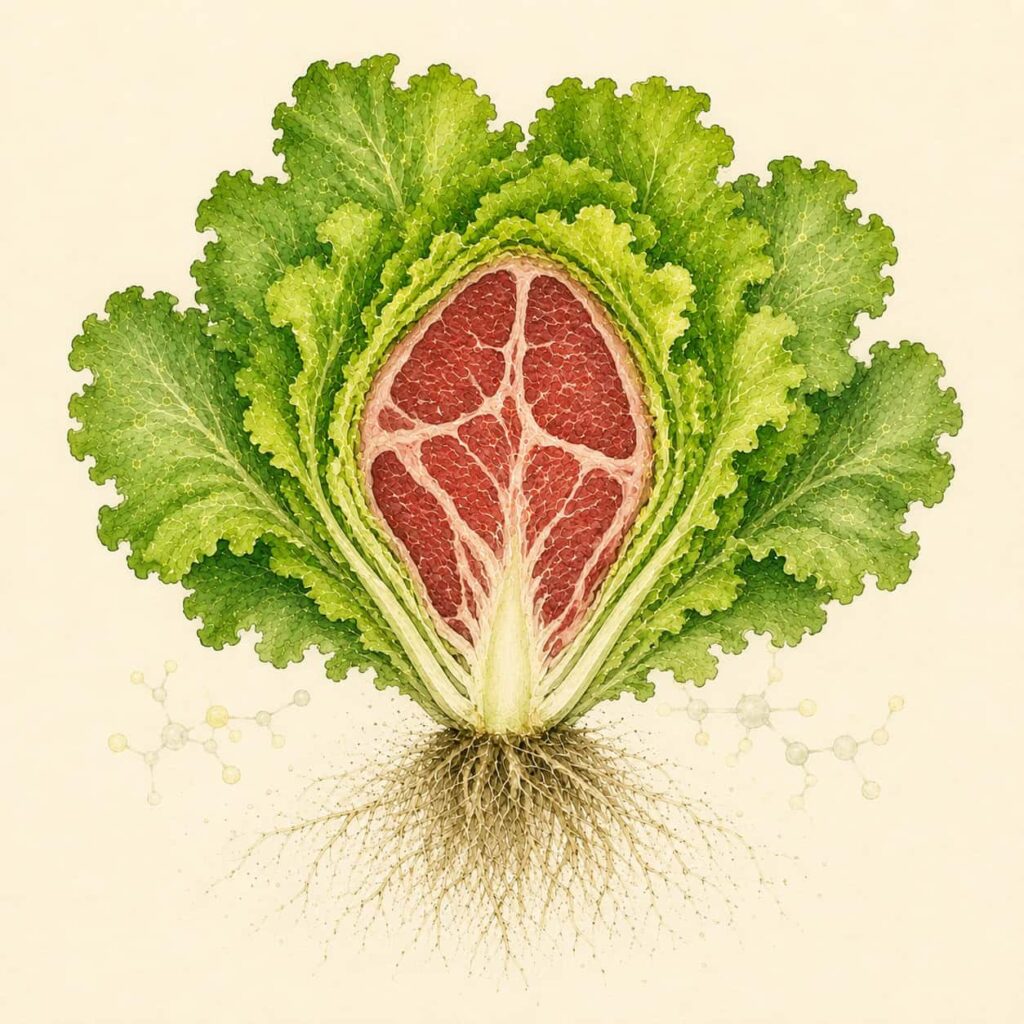 AI illustration of a lettuce plant with  red meat growing in the center