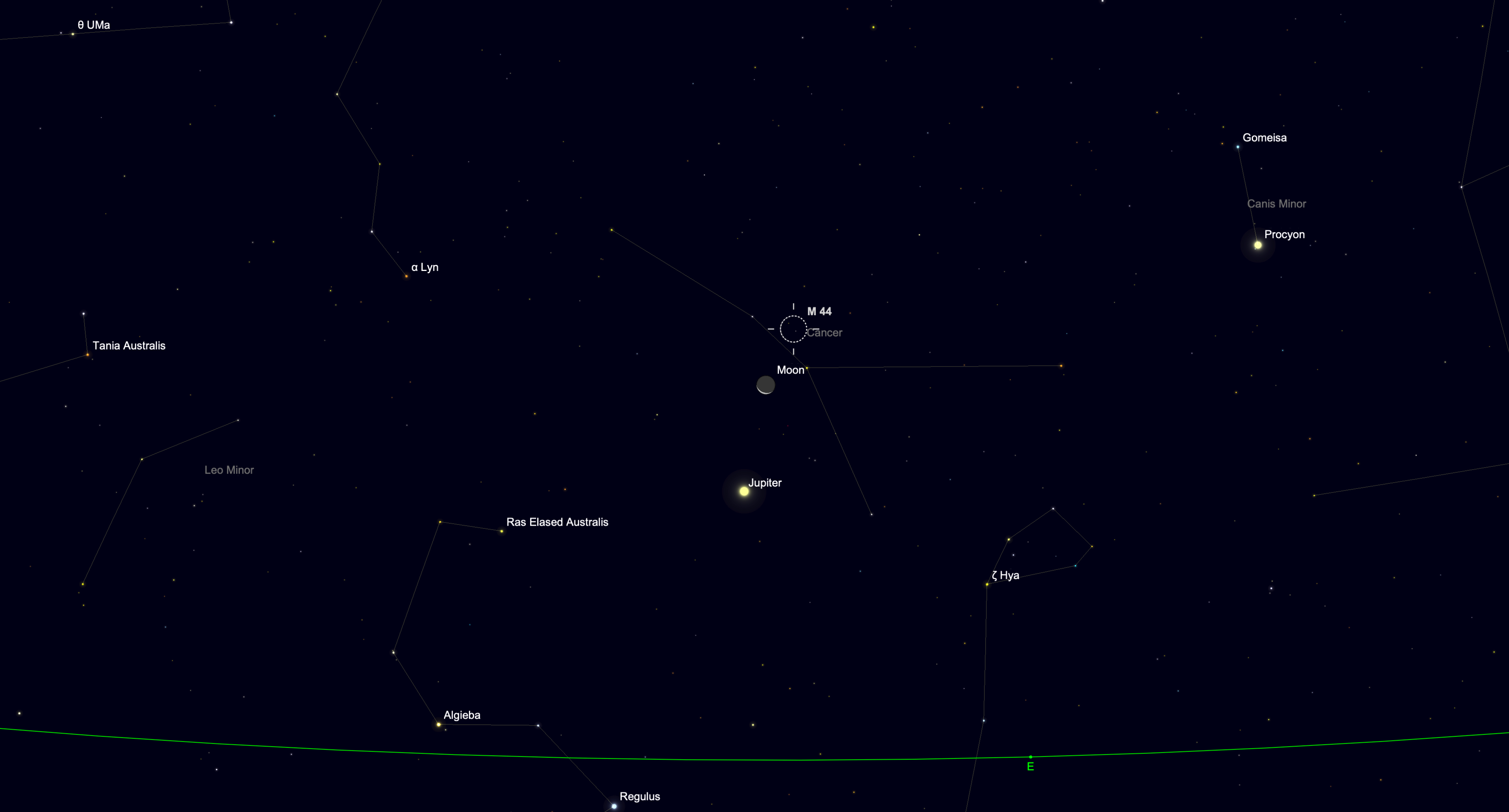 Star chart showing the moon near Jupiter and the Beehive Cluster (M44) in Cancer before dawn on Sept. 8, 2026.