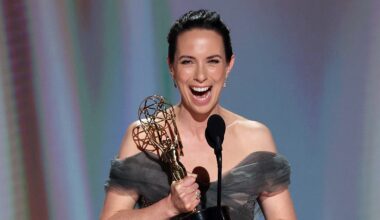 (l-r) Kate O'Flynn accepts the Outstanding Supporting Actress in a Comedy Series Award for Widow's Bay on stage during the 78th Primetime Emmy Awards held at the Peacock Theater on September 14, 2026.