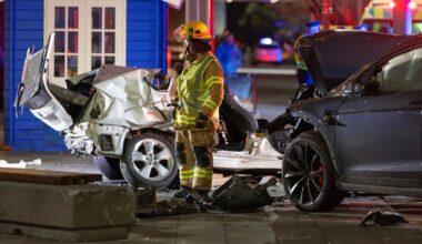 Tesla car crashes into parked taxi at Auckland waterfront, two in hospital