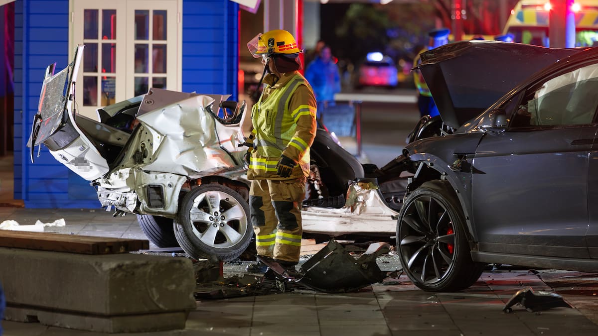 Tesla car crashes into parked taxi at Auckland waterfront, two in hospital