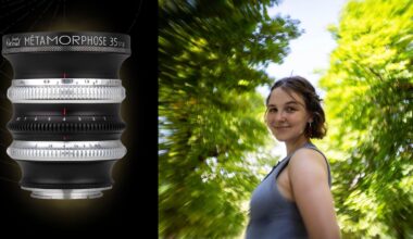 A Joseph Petzval Métamorphose 35 f/1.8 lens is displayed next to a portrait of a woman with a swirly, blurred background.