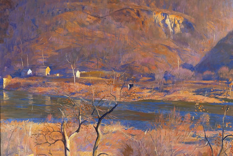 Daniel Garber (1880-1958), "Over at Byram," 1940. Oil on canvas mounted on Masonite, 30 x 30 inches. James A. Michener Art Museum. Gift of Oliver Pearson. The painting is part of the ongoing “Abstractions of Nature: Quarries and Industry in Pennsylvania Impressionism” show at the Michener Art Museum.