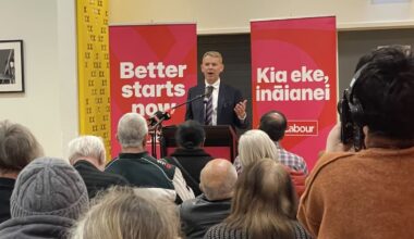 Chris Hipkins holds first public meeting of campaign, meeting supporters and a cat