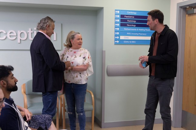 Dev Alahan, Bernie Winter and Kit Green at the hospital in Coronation Street