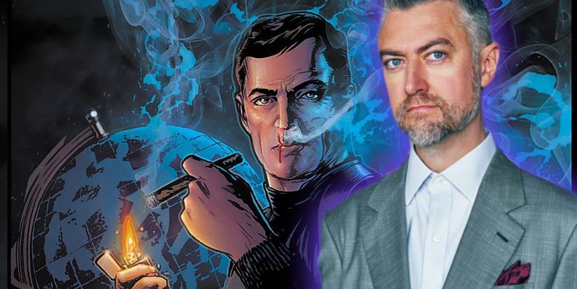 Sean Gunn standing next to an image of the character Maxwell Lord from DC Comics, whom he plays in the new DCEU