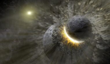 The Giant Impact Hypothesis says that a Mars-sized protoplanet named Theia crashed into Earth more than 4 billion years ago. The debris eventually coalesced to form the Moon. New research ties the temperature and strength of the materials involved in the collsion to how the Moon formed, and how quickly it formed. Image Credit: NASA