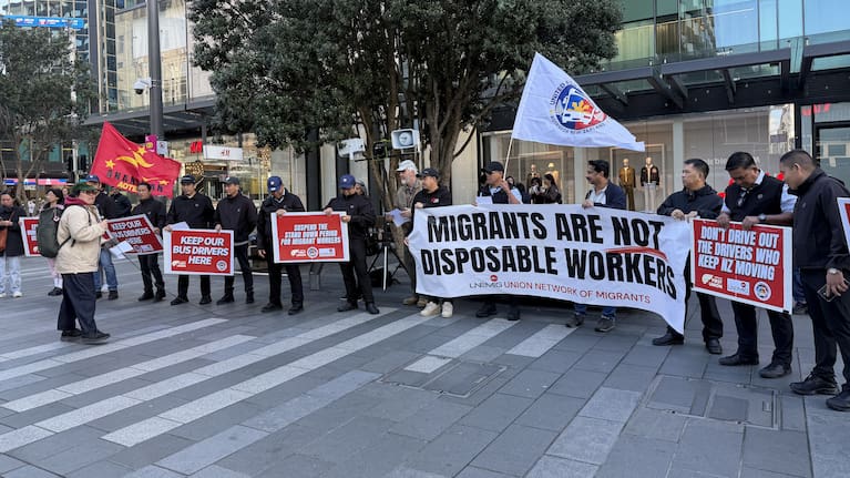 A migrant bus driver rally in the Auckland CBD.