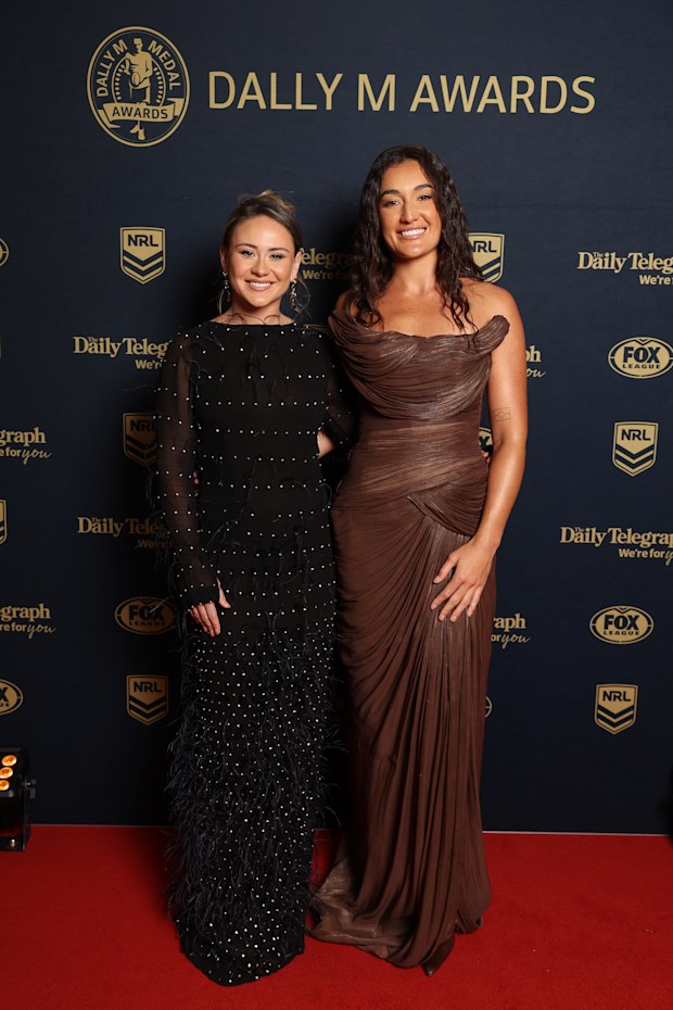 SYDNEY, AUSTRALIA - SEPTEMBER 30: Keeley Davis and Olivia Kernick of the Sydney Roosters arrive ahead of the 2026 Dally M Awards at The Cutaway, Barangaroo on September 30, 2026 in Sydney, Australia. (Photo by Mark Metcalfe/Getty Images)