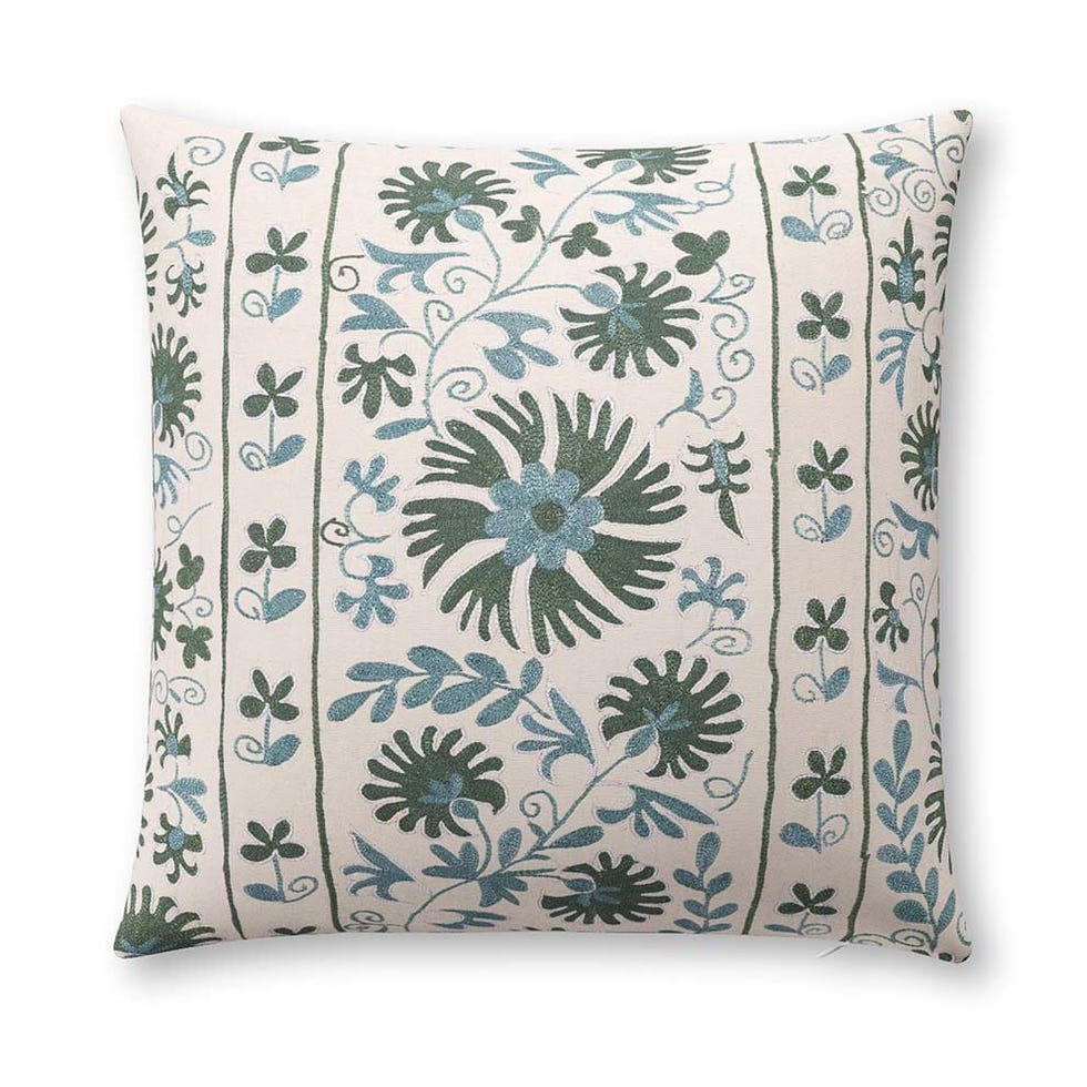 Sage Ribbon Suzani Outdoor Pillow