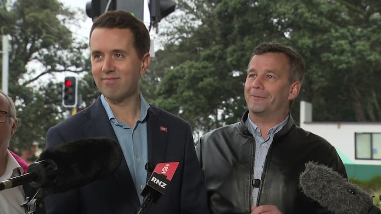 ACT Tāmaki candidate James Christmas and party leader David Seymour spoke from Mission Bay