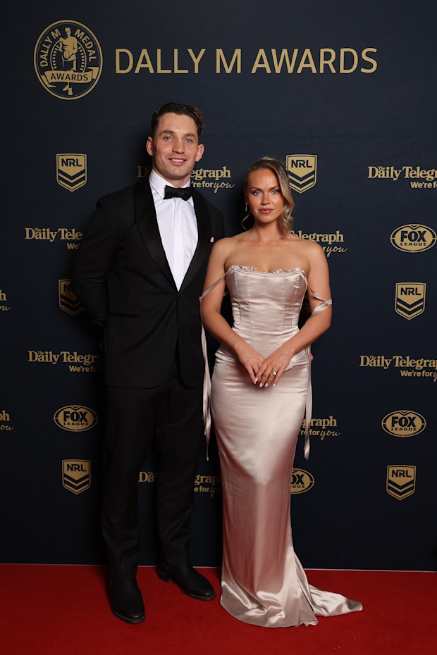 SYDNEY, AUSTRALIA - SEPTEMBER 30: Cameron Murray of the Rabbitohs and Miranda Cross arrive ahead of the 2026 Dally M Awards at The Cutaway, Barangaroo on September 30, 2026 in Sydney, Australia. (Photo by Mark Metcalfe/Getty Images)