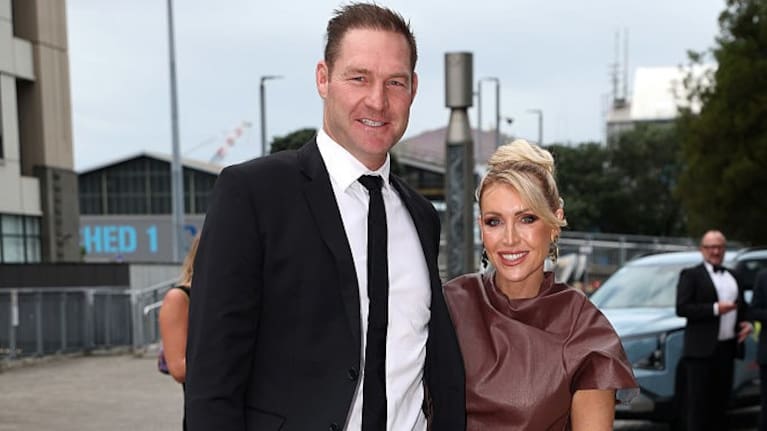 Ali Williams (L) and Anna Mowbray (R) arrive during the 2026 Halberg Awards at Spark Arena on February 16, 2026 in Auckland, New Zealand.