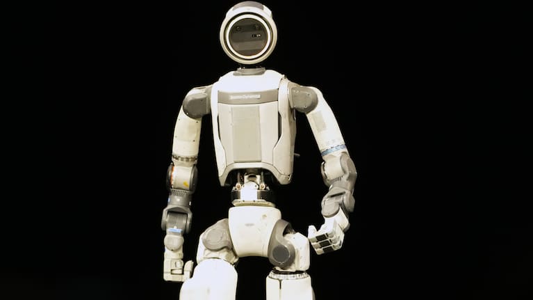 An Atlas robot stands on the stage during a Hyundai and Boston Dynamics news conference ahead of the CES tech show.