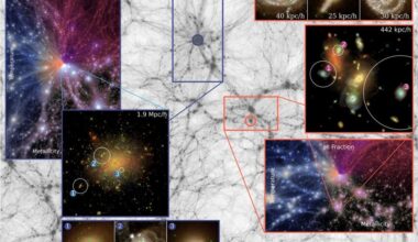 This visualization shows the ASTRID simulation at z=0, or the present. The black and white background image is dark matter density. The blue zoom-in box shows the most massive dark matter halo in ASTRID. The red zoom-in box shows the region around a dark matter halo, with the red circle showing a star-forming halo. Image Credit: ASTRID/Zhou et al. 2026. ApJ.