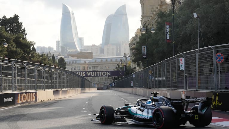 Mercedes driver George Russell of Britain steers his car during the qualifying session for the Azerbaijan F1 Grand Prix, in Baku, Azerbaijan, Friday, Sept. 25, 2026