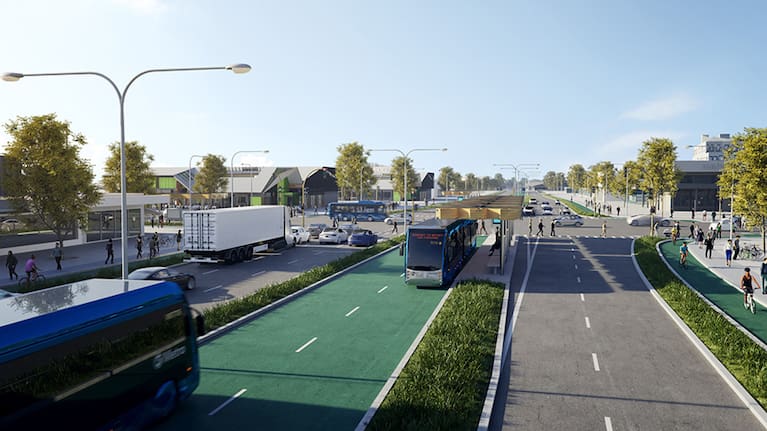 Artist's impression of the Airport to Botany Bus Rapid Transit project on Te Irirangi Drive (Te Irirangi Drive Station).