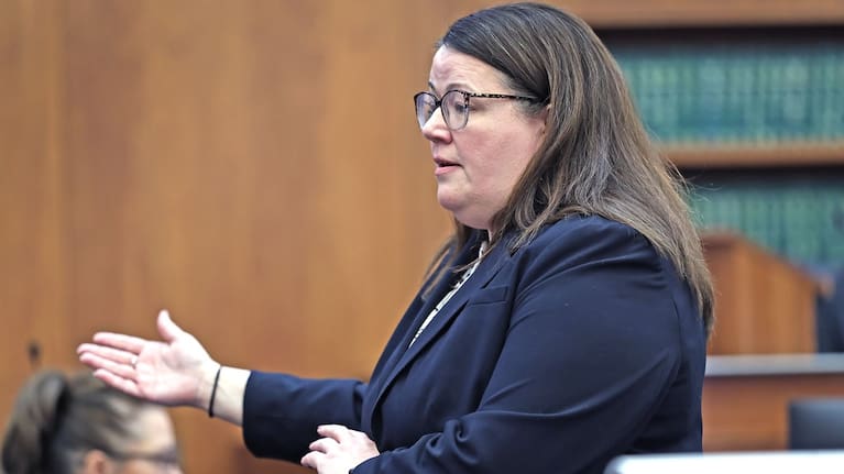 Assistant DA Jennifer Sprague makes her closing arguments for the jury during the Lindsay Clancy murder trial at Plymouth Superior Court in Plymouth, Mass. (Source: Greg Derr/The Patriot Ledger via AP, Pool)