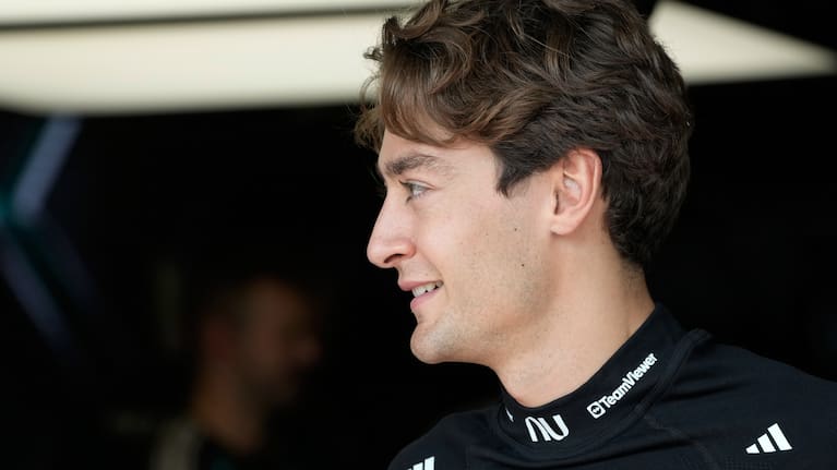 Mercedes driver George Russell of Britain smiles during the third free practice ahead of the Azerbaijan F1 Grand Prix