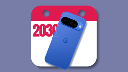 Blue Google Pixel 10 overlaying a calendar icon displaying the year 2030.