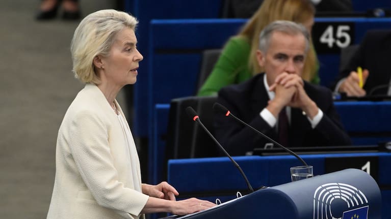 Canadian Prime Minister Mark Carney and European Commission President Ursula von der Leyen participate in a bilateral meeting at the European Parliament in Strasbourg, France.