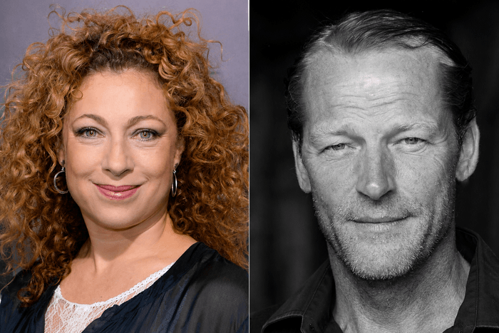 Danger Money Alex Kingston and Iain Glen pictured side by side in portrait photographs; Kingston is on the left in colour, while Glen is on the right in black and white.