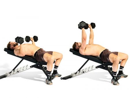 demonstration of a dumbbell chest press exercise on a bench