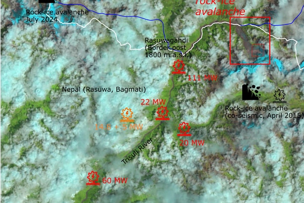  imagery identifies the recent rock-ice avalanche and glacier lake outburst flood locations in the area