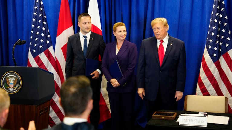 Denmark's Prime Minister Mette Frederiksen, Greenland's Prime Minister Jens-Frederik Nielsen, left, and US President Donald Trump.