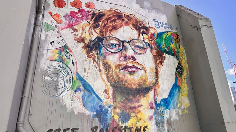 Dunedin’s landmark Ed Sheeran mural has the words 'Free Palestine' written across it.
