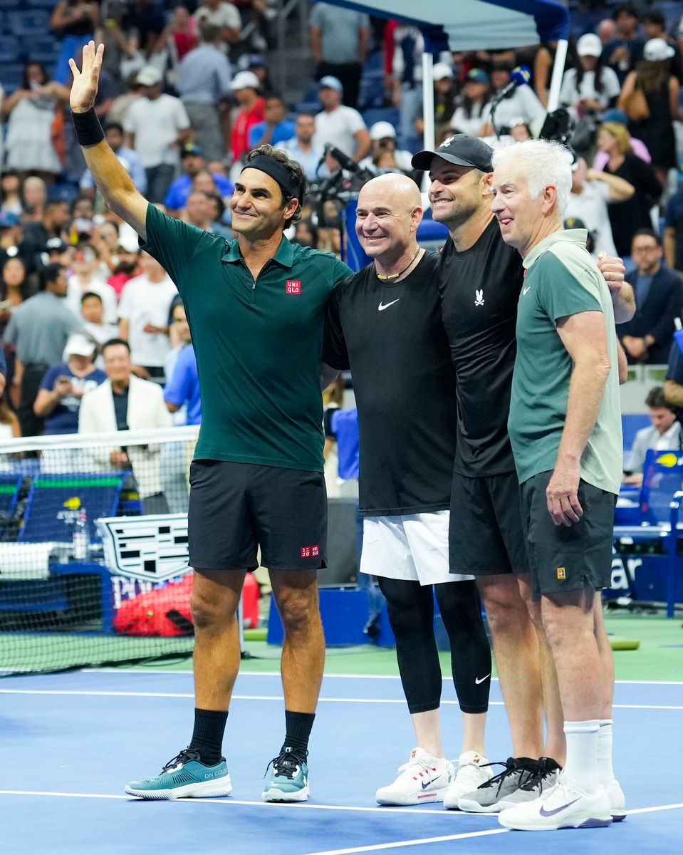 (L-R) Roger Federer, Andre Agassi, Andy Roddick, and John McEnroe pose for a picture after an exhibition doubles match during Fan Week as part of the 2026 US Open.