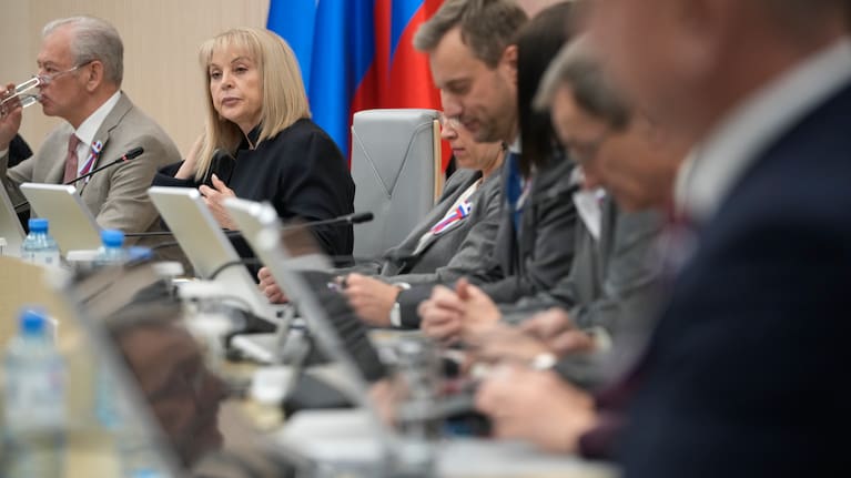 Ella Pamfilova, the head of Russian Central Election Commission, 2nd left, and other members of the Commission attend a news conference following parliamentary elections, in Moscow, Russia, Monday, Sept. 21, 2026.