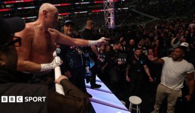 Tyson Fury points to Anthony Joshua after Fury's win against Arslanbek Makhmudov in April