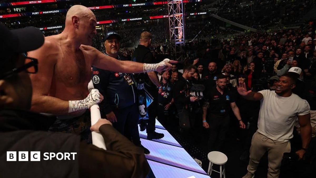 Tyson Fury points to Anthony Joshua after Fury's win against Arslanbek Makhmudov in April