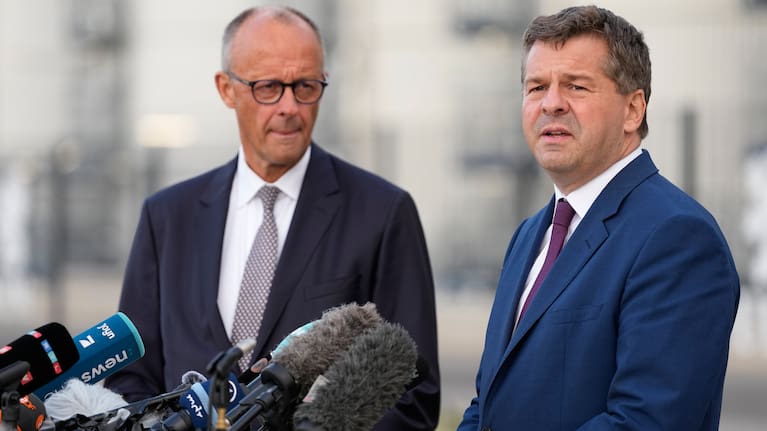 German Chancellor and Christian Democratic Union (CDU) party leader Friedrich Merz, left, and Saxony-Anhalt State Governor and top candidate Sven Schulze.