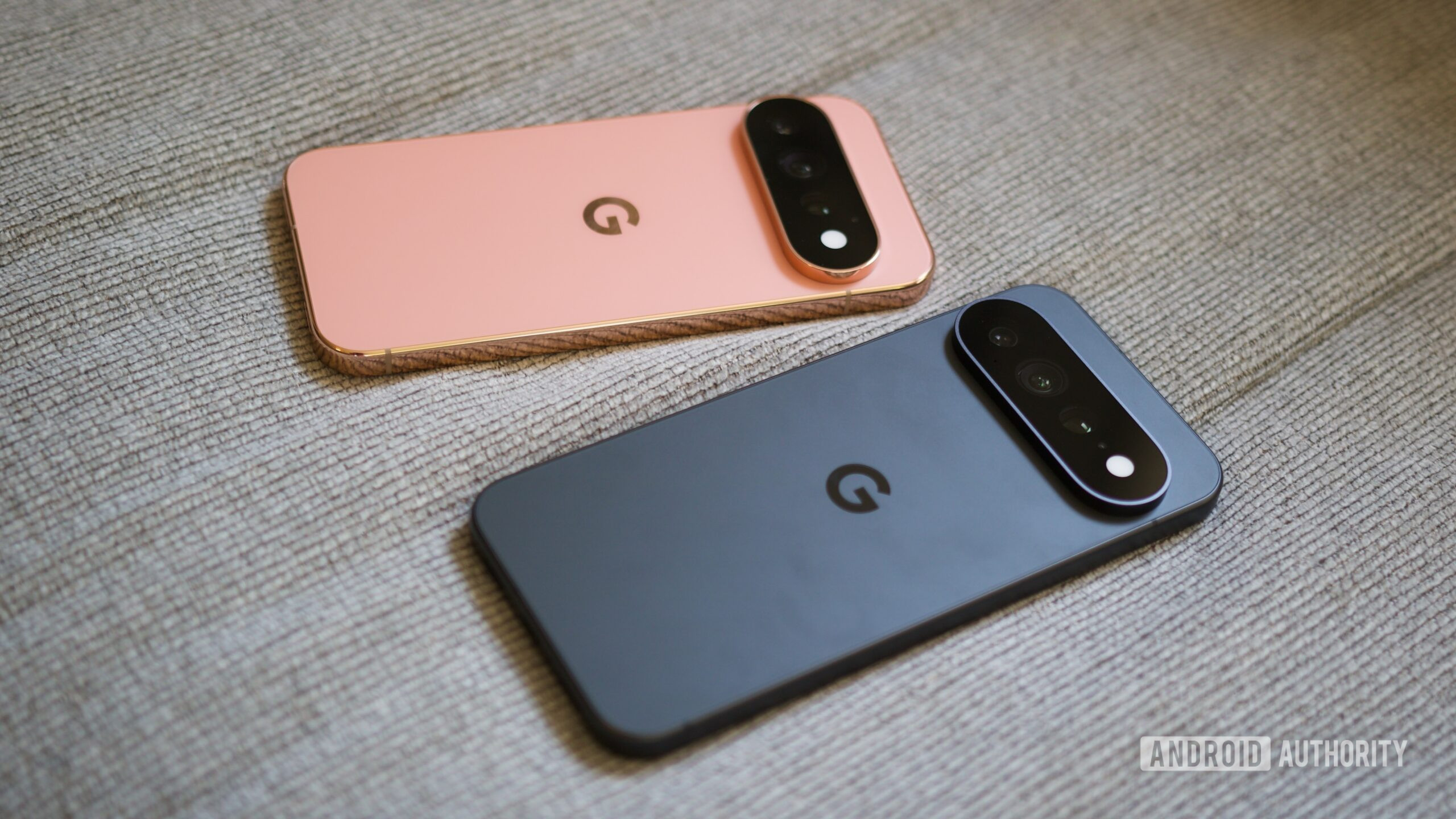 Canyon Pixel 11 Pro next to an Obsidian Pixel 11 Pro XL.