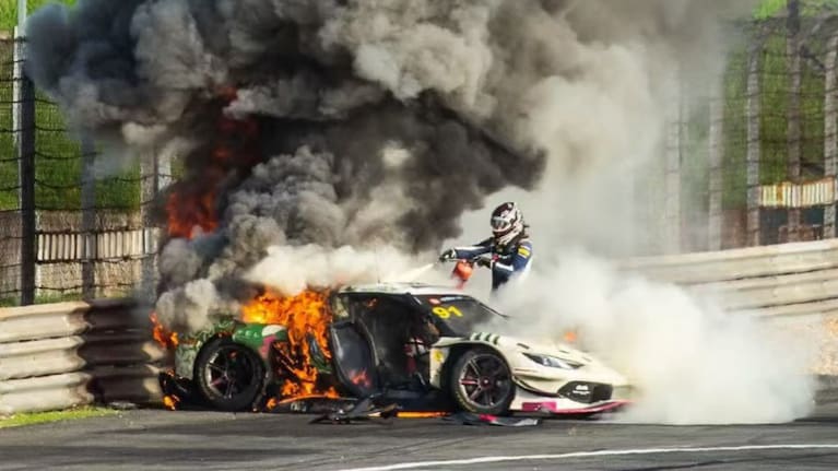 Hartog grabbed a fire extinguisher and doused the flames before pulling Millroy from the wreckage. Source: Ollie Millroy via Instagram