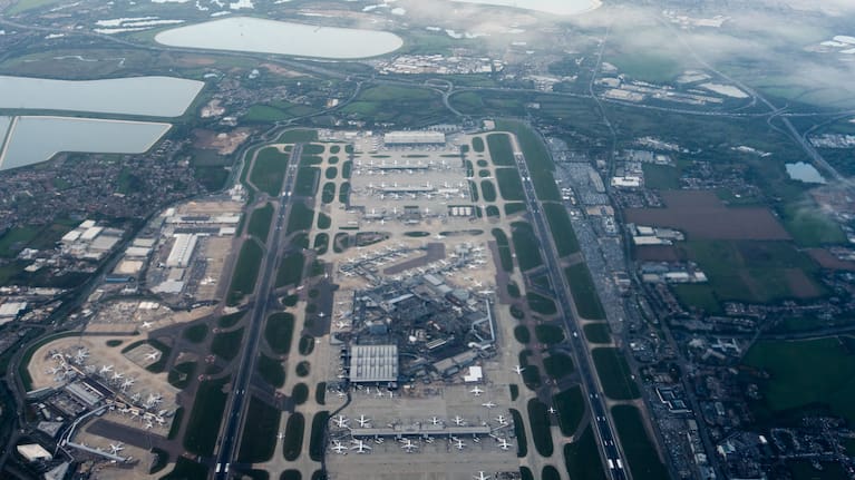 Heathrow Airport is seen from an airplane, Oct. 6, 2025, in London.