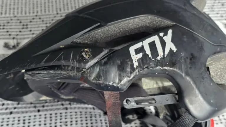 The damaged helmet following the crash.